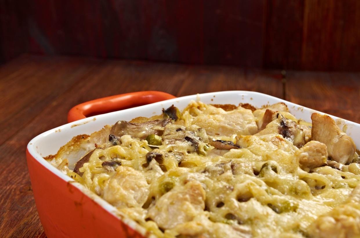 Tetrazzini is an American dish.Spaghetti with chicken, mushrooms and fresh grated parmesan cheese. baked noodle casserole