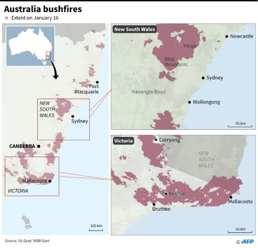 Maps showing the extent of bushfires in Australia's Victoria and New South Wales states on January 16