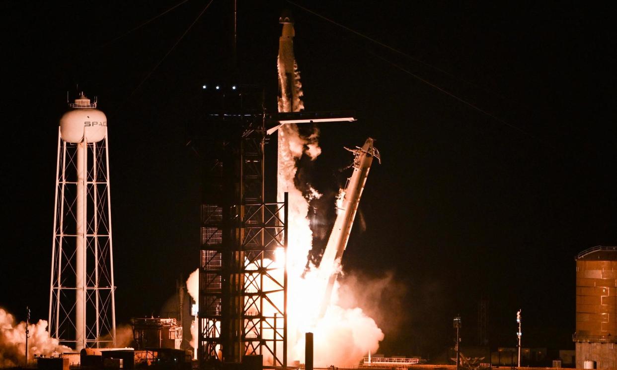 <span>The SpaceX Falcon 9 rocket with the Crew Dragon Resilience capsule carrying the crew of the Polaris Dawn mission lifts off from Kennedy Space Center in Cape Canaveral, Florida.</span><span>Photograph: Chandan Khanna/AFP/Getty Images</span>