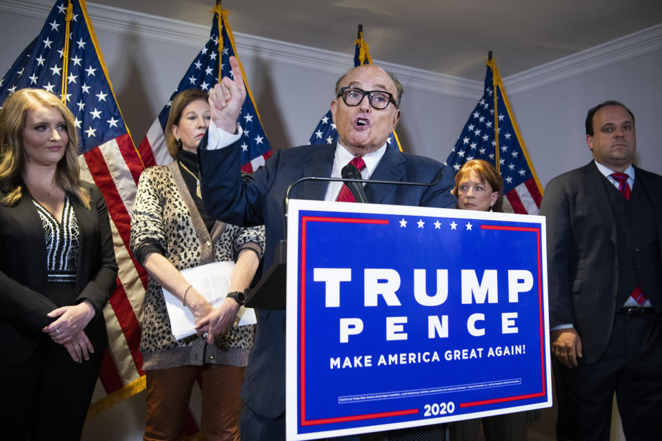 Rudy Giuliani, personal attorney for President Donald Trump, held a news conference at the Republican National Committee on Thursday to present a litany of conspiracy theories about the 2020 election. (Photo: Tom Williams via Getty Images)