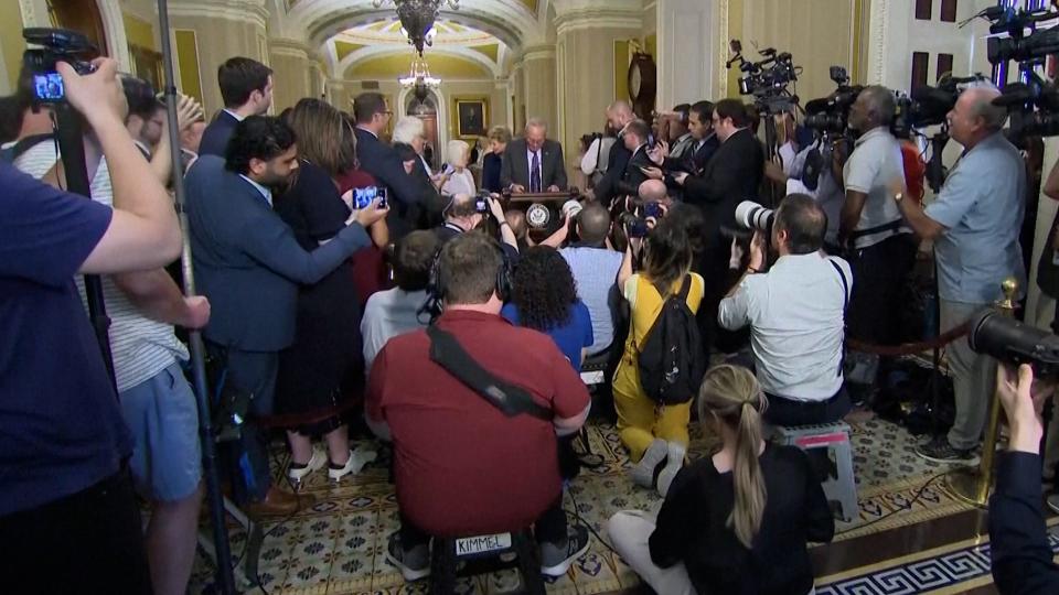 Democratic Majority Leader Sen. Chuck Schumer and Democratic leaders discuss the bipartisan on Sept. 7 effort to avoid a potential government shutdown.