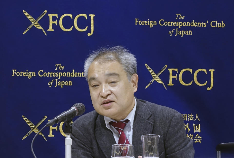In this Thursday, Nov. 15, 2018, photo, Takashi Uemura, a former Asahi newspaper reporter, speaks during a press conference at the Foreign Correspondents' Club of Japan, in Tokyo. Yoshiko Sakurai, a journalist close to Prime Minister Shinzo Abe defended her view that South Korean women who were sent into Japanese WWII military brothels were not sex slaves, accusing the liberal-leaning newspaper of fabrication. The conservatives hold the Asahi newspaper where Uemura works responsible for spreading the impression that all of the so-called "comfort women" were coerced. (AP Photo/Mari Yamaguchi)