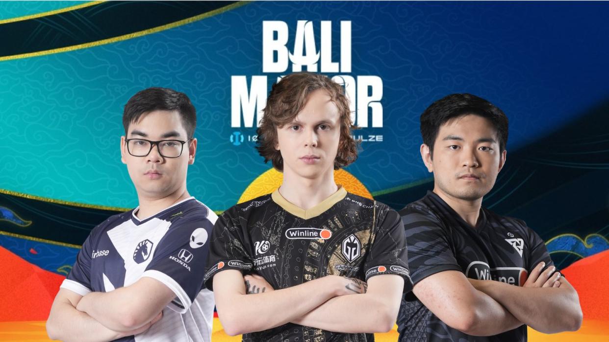 Only three teams remain standing in the Dota 2 Bali Major ahead of its final day: Gaimin Gladiators, Tundra Esports, and Team Liquid. Pictured: Team Liquid miCKe, Gaimin Gladiators dyrachyo, Tundra Esports Sneyking. (Photos: Team Liquid, Gaimin Gladiators, Tundra Esports, Epulze)