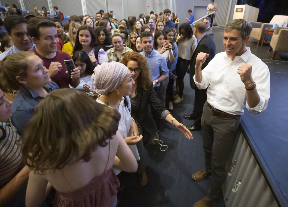 In this Sept. 5, 2019 photo, Democratic presidential candidate Beto O'Rourke greets students after speaking at a event at Tufts University in Medford, Mass. (AP Photo/Winslow Townson)