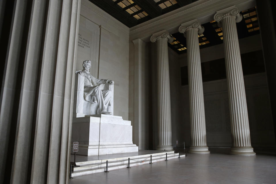 The Lincoln Memorial sits empty in Washington, Wednesday, March 25, 2020. Officials have urged Washington residents to stay home to contain the spread of the coronavirus. (AP Photo/Patrick Semansky)