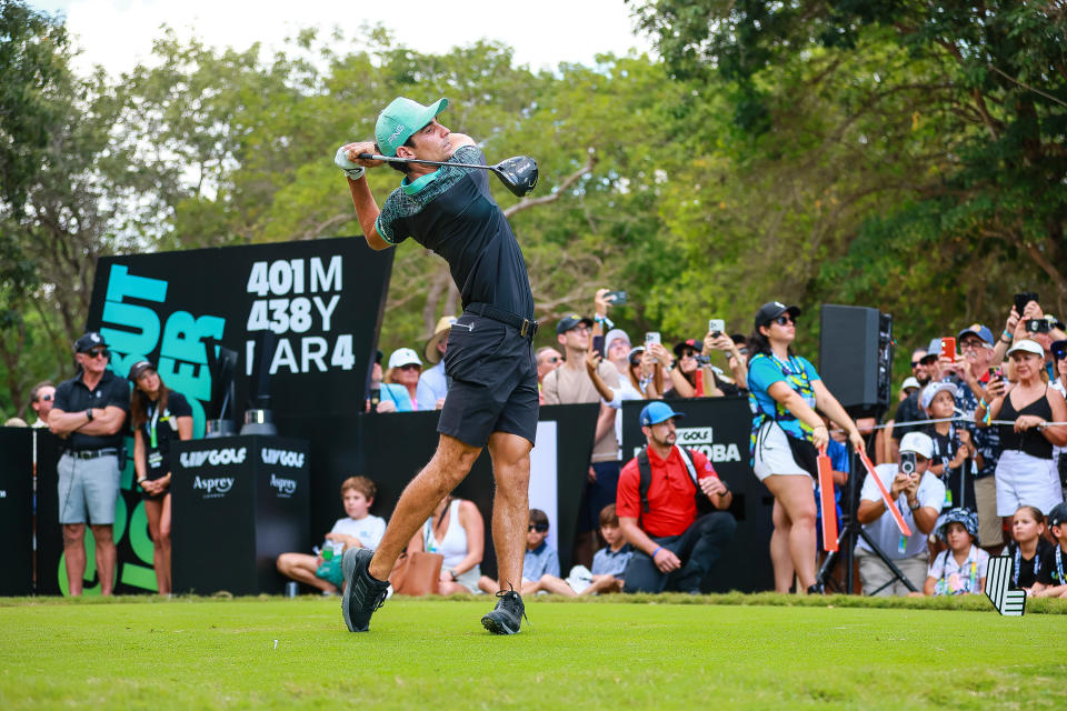 PLAYA DEL CARMEN, MEXICO - FEBRUARY 04: Captain Joaquin Niemann of Torque GC plays his shot from the first tee during day three of the LIV Golf Invitational - Mayakoba at El Camaleon at Mayakoba on February 04, 2024 in Playa del Carmen, Mexico. (Photo by Manuel Velasquez/Getty Images)