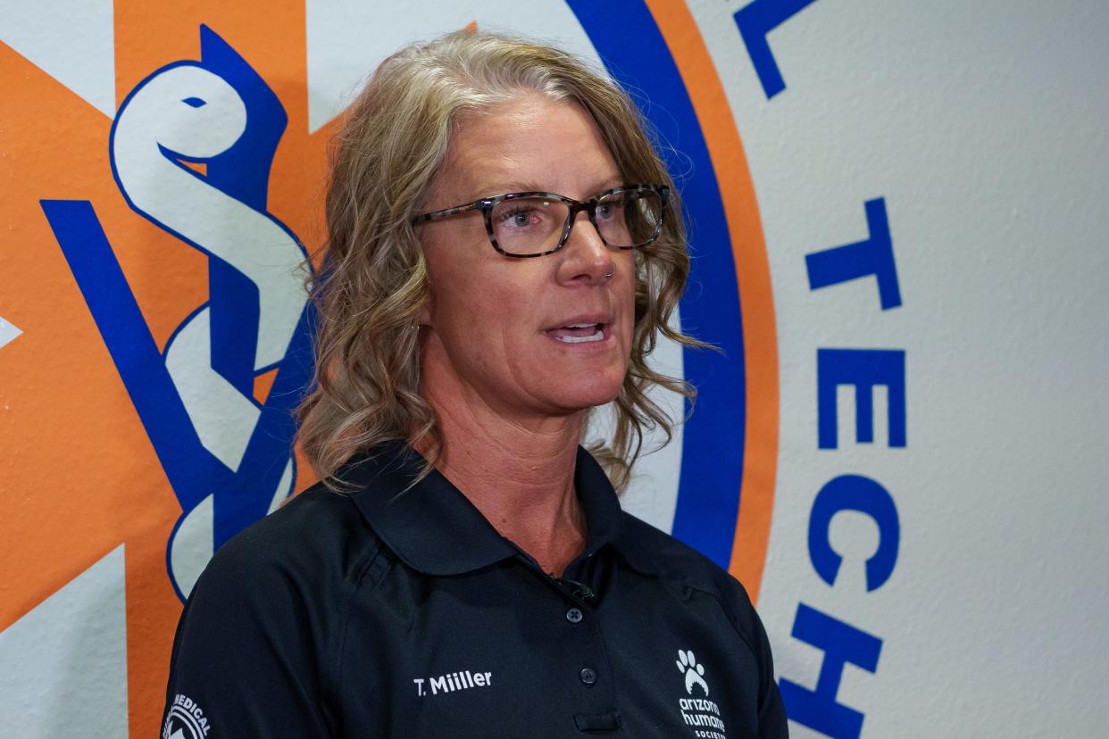 The Arizona Humane Society's director of field operations, Tracey Miiller, speaks to the media at the Humane Society's South Mountain location in Phoenix on Sept. 23, 2023.