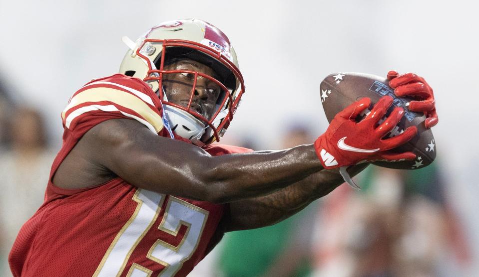 Stallions receiver Davion Davis reels in a pass in the first half against the Maulers in the USFL Championship Game, Saturday in Canton.