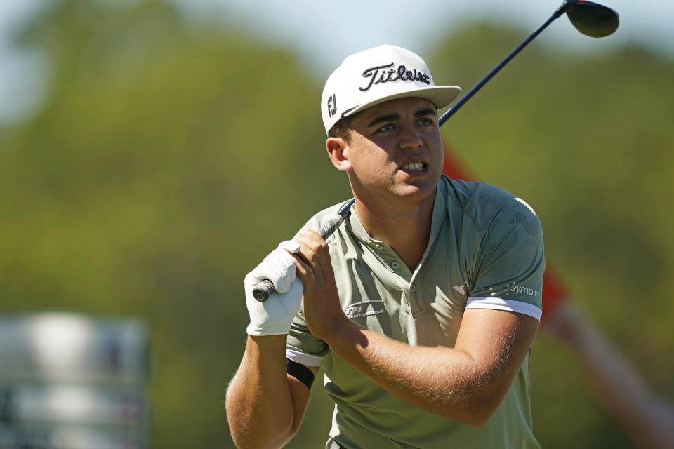 Garrick Higgo, of South Africa, reacts after his drive from the second tee during the final round of the Sanderson Farms Championship golf tournament in Jackson, Miss., Sunday, Oct. 2, 2022. (AP Photo/Rogelio V. Solis)