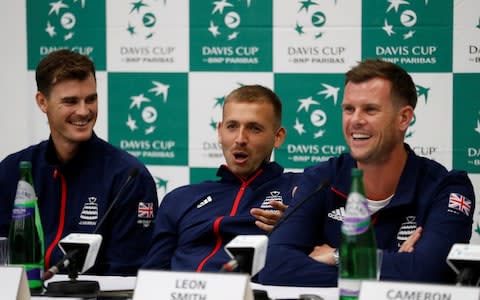 Evans with Jamie Murray and Davis Cup captain Leon Smith - Evans with Jamie Murray and Davis Cup captain Leon Smith, who he says has sat on the fence in the public dispute - Credit: Reuters