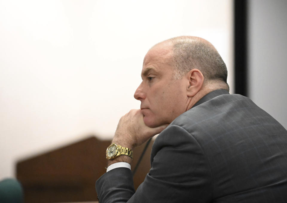 Defense attorney Arthur Frost listens to opening statements by the prosecution in Kevin Monahan's murder trial, Thursday, Jan. 11, 2024, at the Washington County Courthouse in Fort Edward, N.Y. Monahan, 66, is accused of fatally shooting 20-year-old Kaylin Gillis on the night of April 15, 2023, after she and friends accidentally pulled into his driveway in rural Hebron. He is charged with second-degree murder, reckless endangerment and tampering with physical evidence. (Will Waldron/The Albany Times Union via AP, Pool)