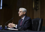 Attorney General Merrick Garland testifies before a Senate Judiciary Committee hearing examining the Department of Justice on Capitol Hill in Washington, Wednesday, Oct. 27, 2021. (Tasos Katopodis/Pool via AP)