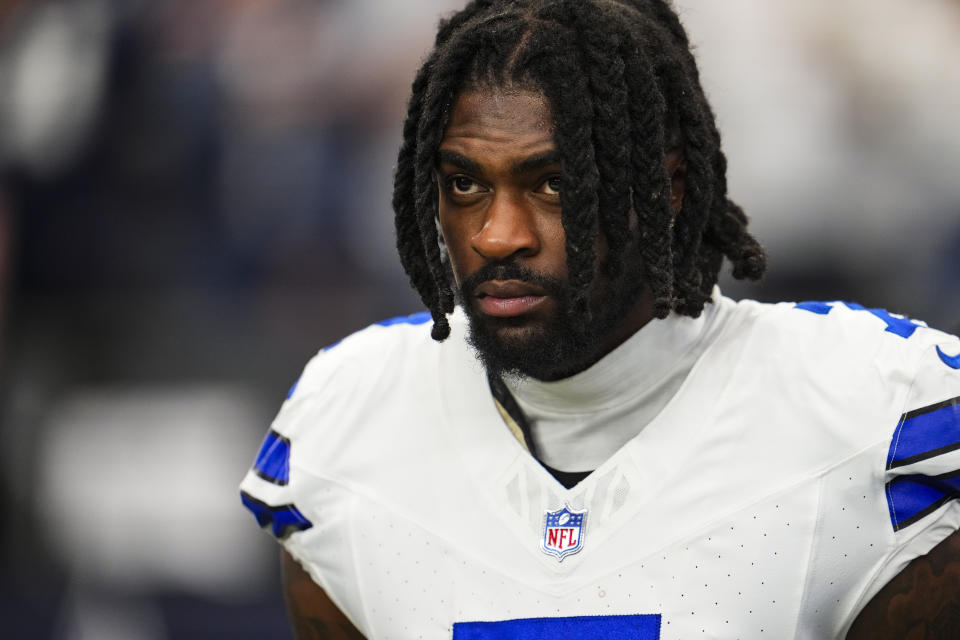 ARLINGTON, TX - SEPTEMBER 17: Trevon Diggs #7 of the Dallas Cowboys looks on from the sideline prior to a football game at AT&T Stadium on September 17, 2023 in Arlington, Texas. (Photo by Cooper Neill/Getty Images)