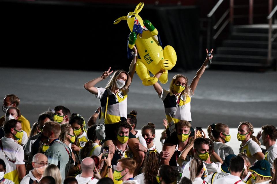 Australia's athletes celebrate during the closing ceremony of the Tokyo 2020 Olympic Games, at the Olympic Stadium, in Tokyo, on August 8, 2021. (Photo by Jewel SAMAD / AFP) (Photo by JEWEL SAMAD/AFP via Getty Images)