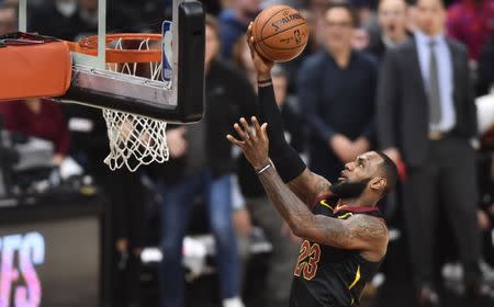 Apr 18, 2018; Cleveland, OH, USA; Cleveland Cavaliers forward LeBron James (23) scores on a layup during the first half against the Indiana Pacers in game two of the first round of the 2018 NBA Playoffs at Quicken Loans Arena. Mandatory Credit: Ken Blaze-USA TODAY Sports