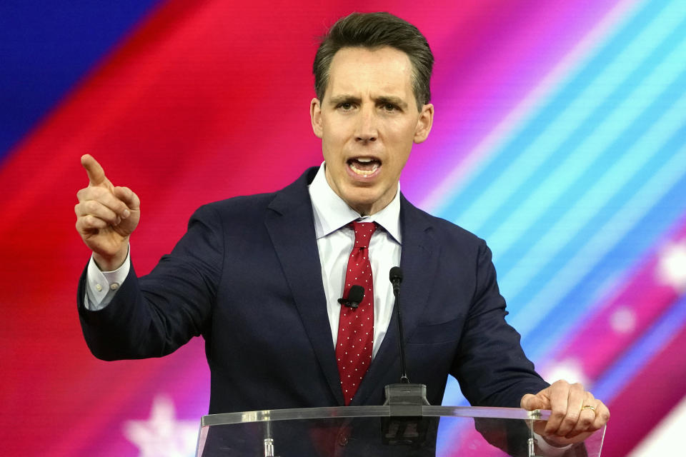 Sen. Josh Hawley, R-Mo., speaks at the Conservative Political Action Conference (CPAC) Thursday, Feb. 24, 2022, in Orlando, Fla. (AP Photo/John Raoux)