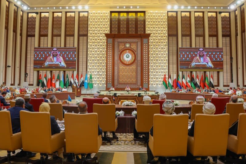 Saudi Arabia's Crown Prince Mohammed bin Salman makes a speech opening the 33rd Arab League Summit in Bahrain. Photo by Bahrain News Agency/UPI