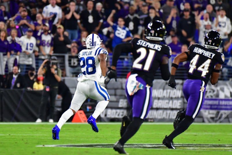 Indianapolis Colts running back Jonathan Taylor (L) played through his thumb injury in Week 12. File Photo by David Tulis/UPI