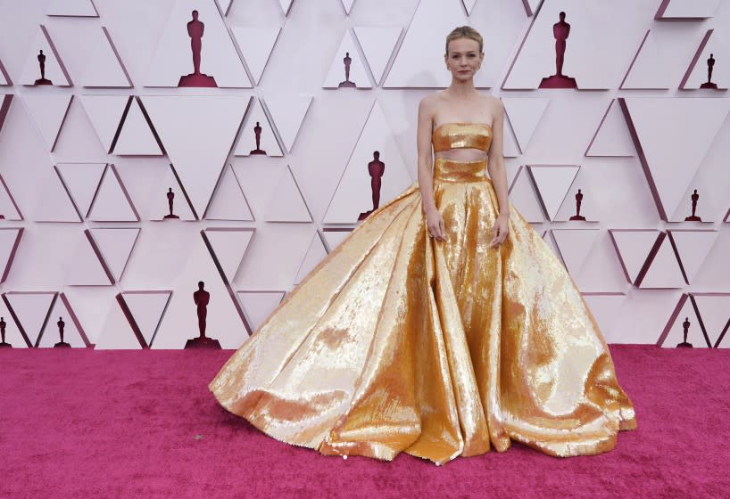 Carey Mulligan arrives at the Oscars on April 25, 2021 at Union Station in Los Angeles.