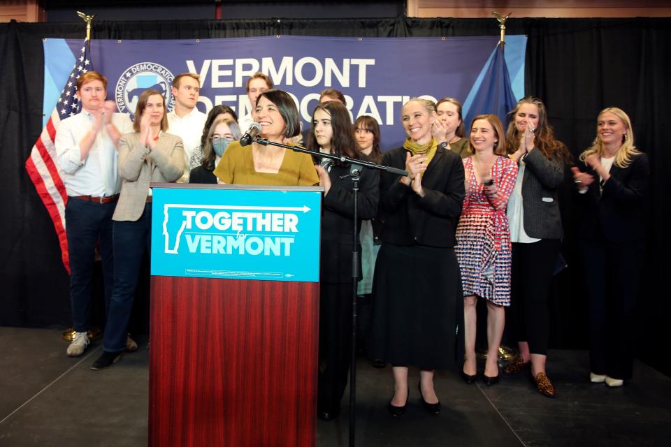 Becca Balint gives a victory speech on election night, Tuesday, Nov. 8, 2022, in Burlington.