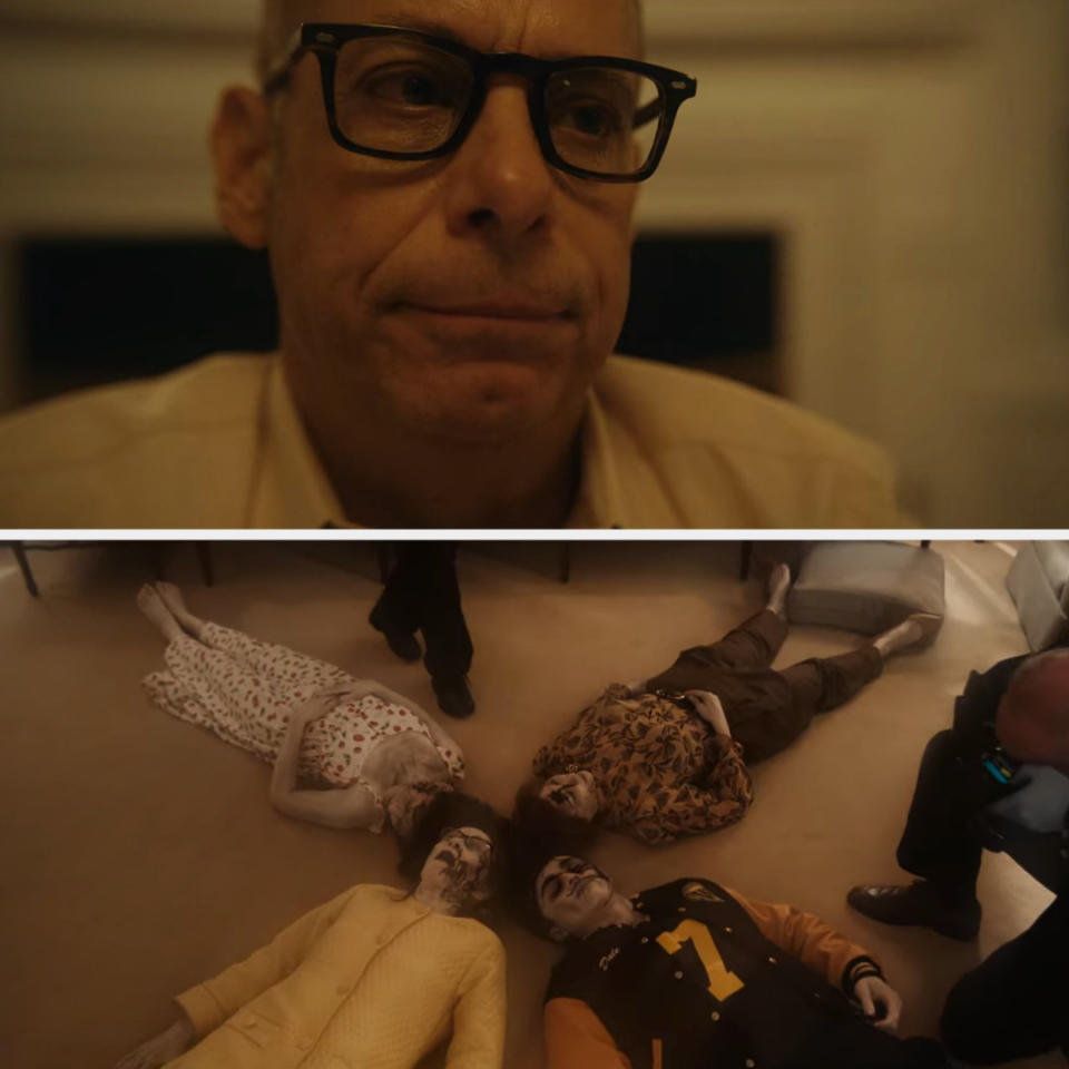 Close-up of Mantello in "The Watcher" and four corpses lying on a rug