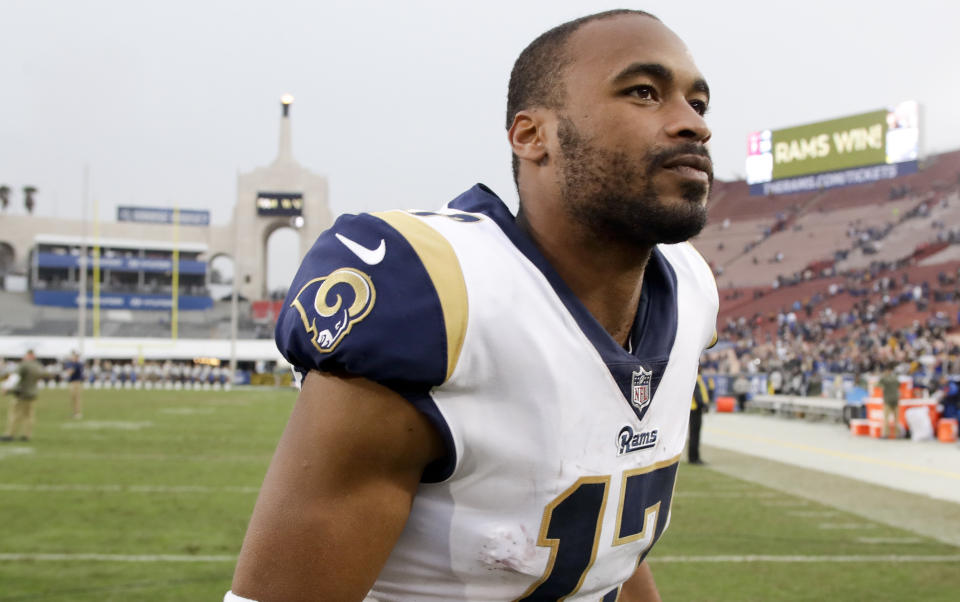 Los Angeles Rams wide receiver Robert Woods walks off the field after an NFL football game against the Houston Texans, Sunday, Nov. 12, 2017, in Los Angeles. (AP Photo/Alex Gallardo)