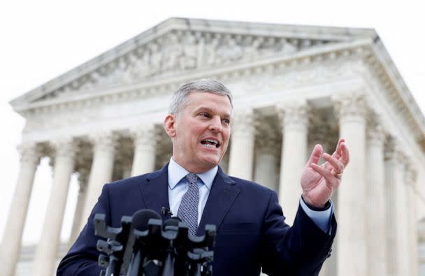 PHOTO: North Carolina Attorney General Josh Stein speaks to the media outside of the United States Supreme Court following oral arguments in Moore v. Harper, a Republican-backed appeal to curb judicial oversight of elections, in Washington, Dec. 7, 2022. (Evelyn Hockstein/Reuters)