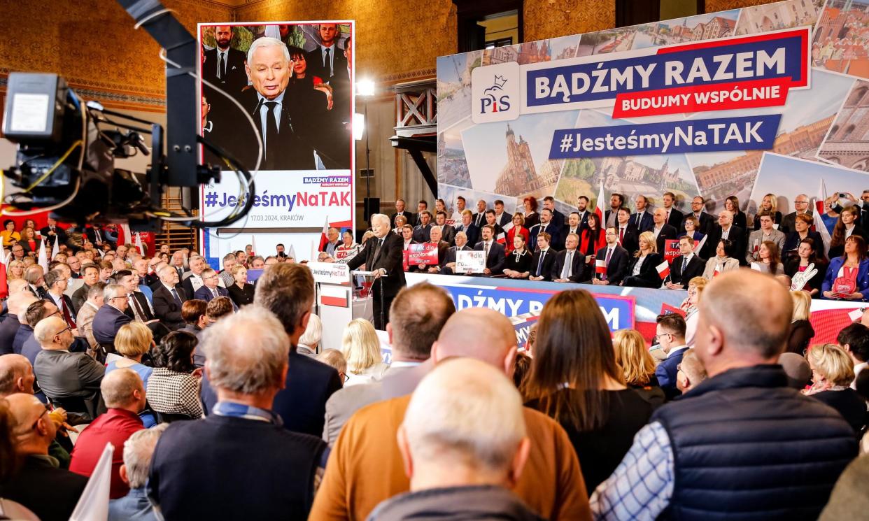 <span>A campaign rally for Poland’s Law and Justice party in Krakow earlier this month. Populist, nationalist and far-right parties are on track to finish first in nine EU states in the June elections.</span><span>Photograph: Dominika Zarzycka/NurPhoto/Rex/Shutterstock</span>