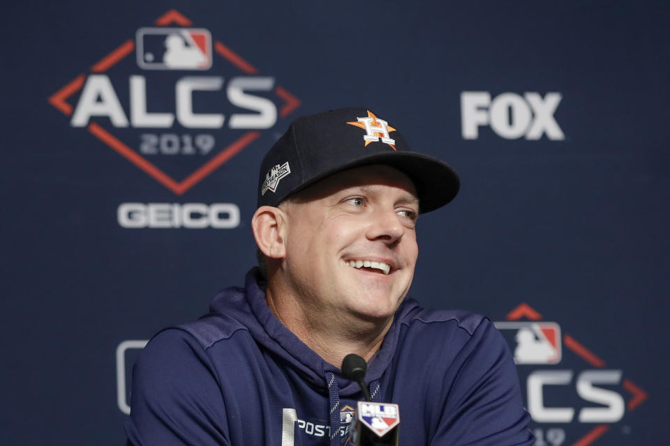 Houston Astros manager AJ Hinch answers questions during a news conference before Game 4 of baseball's American League Championship Series against the New York Yankees, Thursday, Oct. 17, 2019, in New York. (AP Photo/Frank Franklin II)