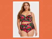 <p>Torrid watermelon push-up strapless bikini top, $69, and lattice mesh swim bottom, $45, <a rel="nofollow noopener" href="https://www.torrid.com/product/watermelon-push-up-strapless-bikini-top/11174413.html" target="_blank" data-ylk="slk:torrid.com;elm:context_link;itc:0;sec:content-canvas" class="link ">torrid.com</a><br><br></p>