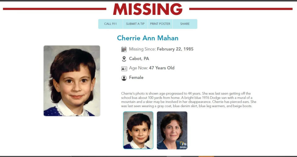 Cherrie Mahan's missing poster on the National Center for Missing and Exploited Children's website.