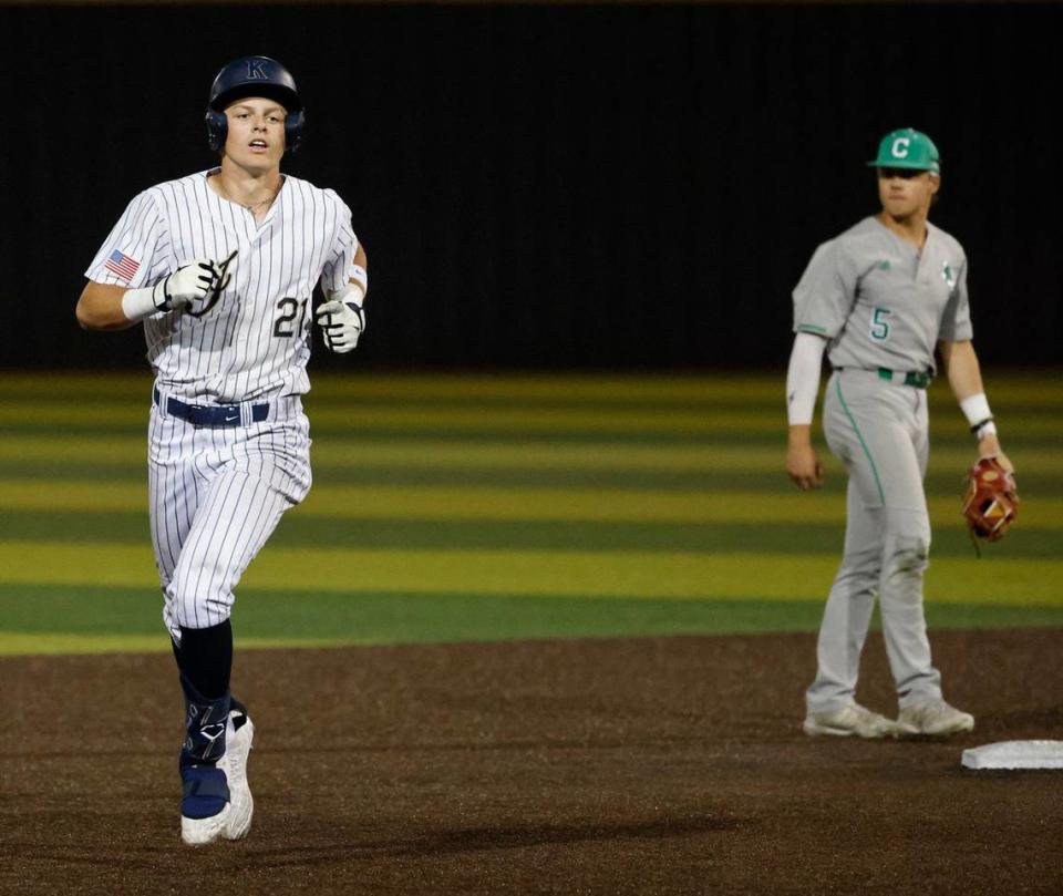 Keller third baseman Cole Koeninger runs the bases after his home run, run ruled Southlake during a UIL District 6A Region 1 Quarterfinals baseball game at L.D. Bell in Hurst, Texas, Thursday, May 16, 2024.