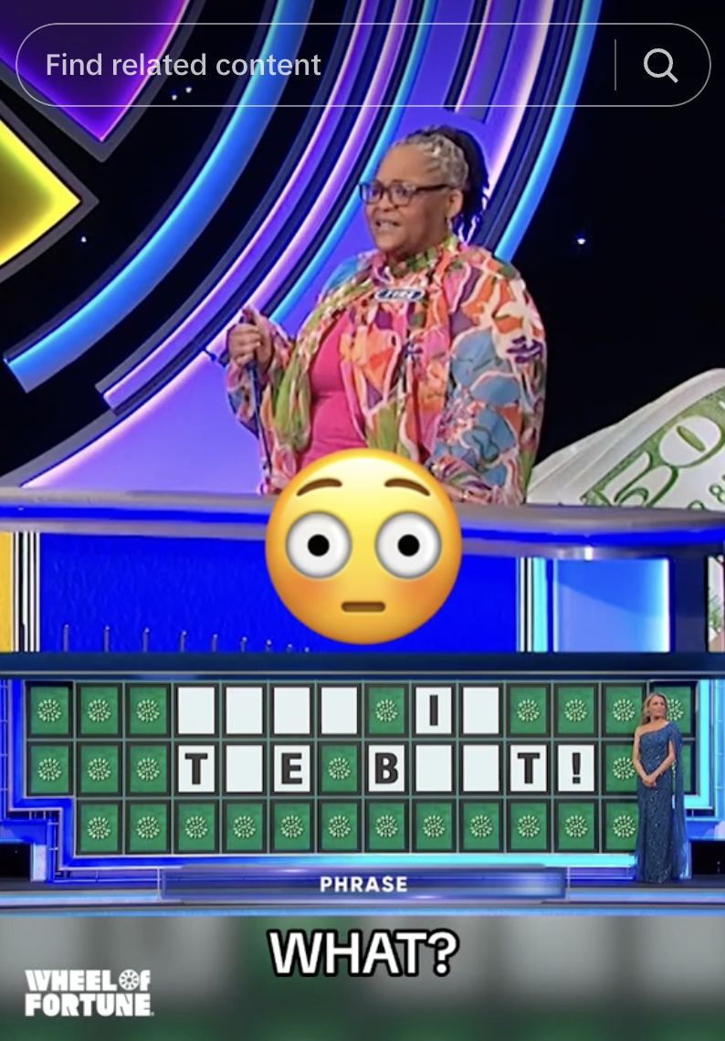 A woman stands by the Wheel of Fortune board with a partially solved phrase: "_ _ I T T E B I T!" Vanna White is next to the board. The phrase under the board reads, "WHAT?"