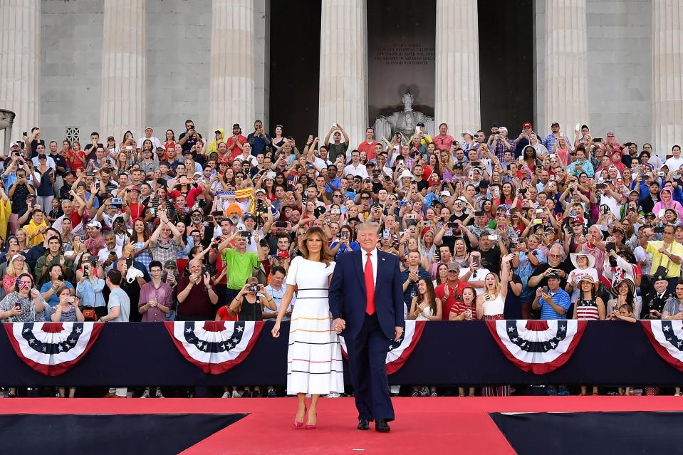 US President Donald Trump and First Lady Melania Trump arrive to the "Salute to America" Fourth of July event at the Lincoln Memorial in Washington, DC, July 4, 2019. (Photo by MANDEL NGAN / AFP)        (Photo credit should read MANDEL NGAN/AFP/Getty Images)