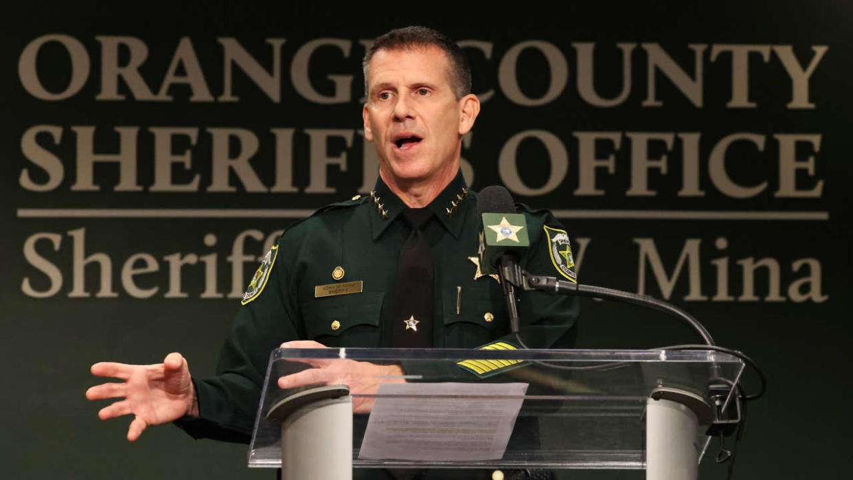 Orange County Sheriff John Mina holds a news conference following multiple shootings by the same individual, on Wednesday, Feb. 22, 2023, in Orlando, Florida; Keith Melvin Moses has been arrested as a suspect. (Ricardo Ramirez Buxeda/Orlando Sentinel/Tribune News Service via Getty Images)