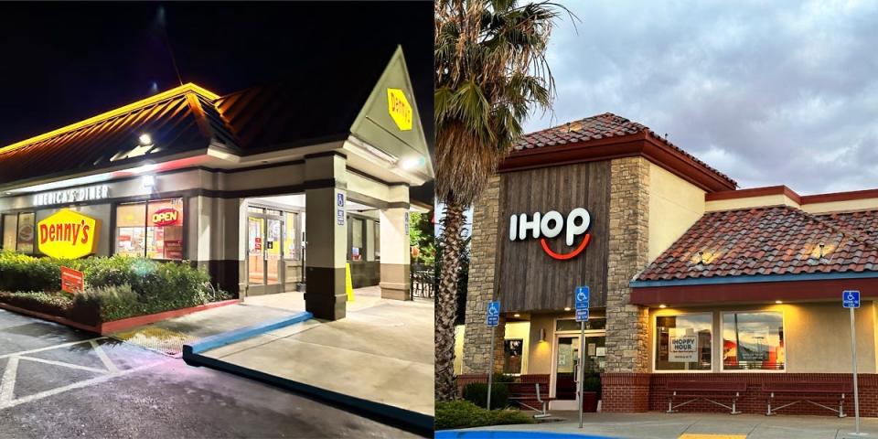 On the left, exterior shot of denny's while it's dark out with lit up yellow and red sign. On the right, Brown exterior of ihop with palm trees in front.