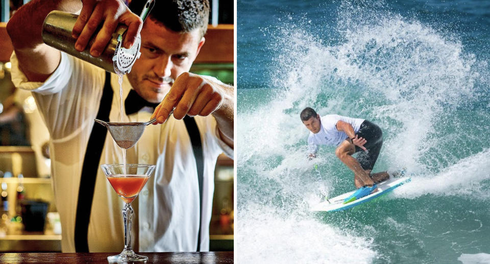 Ryan Duck pouring a drink at a bar (left) and bodyboarding (right).