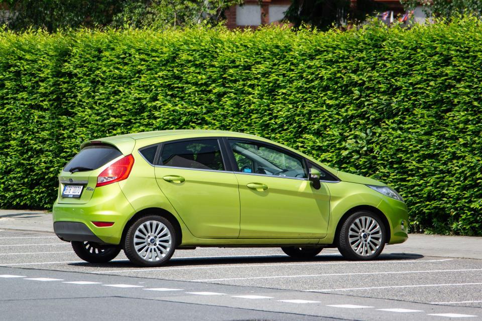 FRYDEK-MISTEK, CZECH REPUBLIC - MAY 28, 2023: Ford Fiesta 6th generation in green colour, rear view