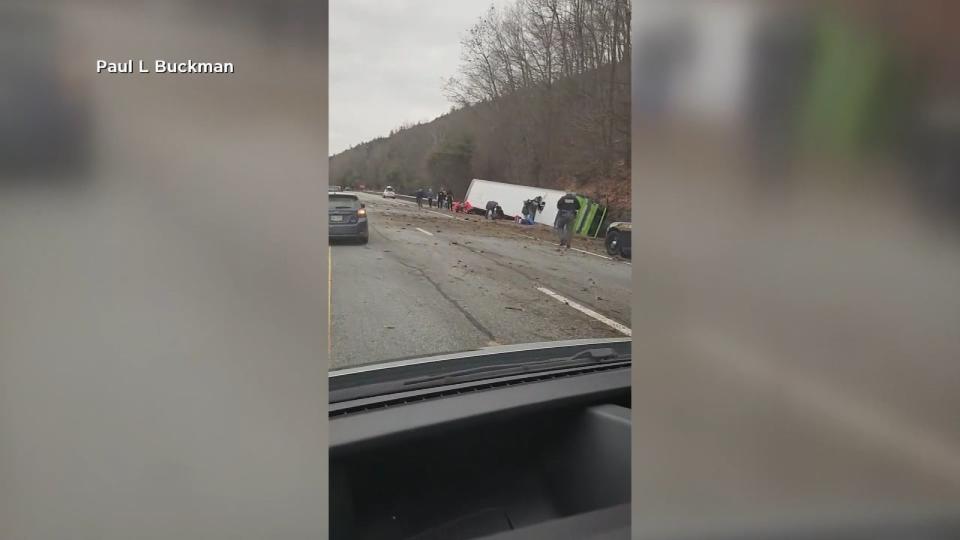 On January 5, 2024, an Interstate 87 passenger bus was observed overturning in upstate New York.  (Submitted by Paul Buckman – image credit)