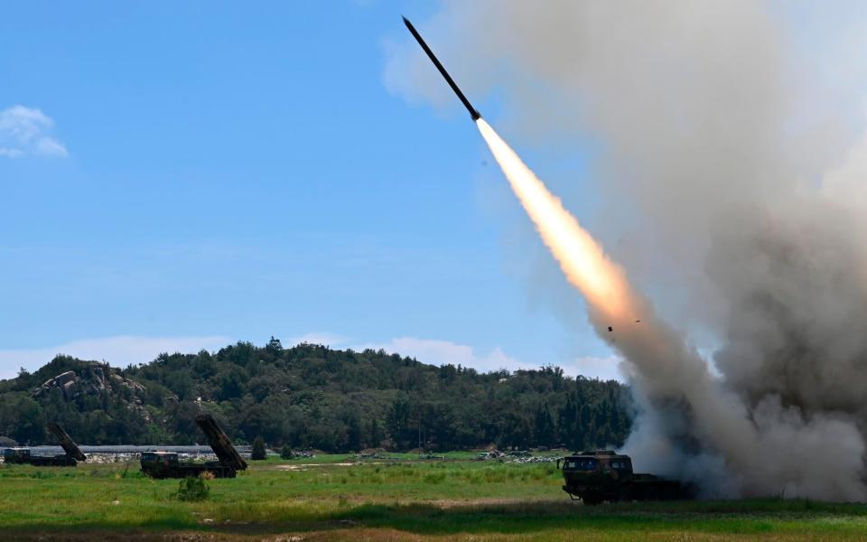 A projectile is launched from China during long-range live-fire drills by the Chinese People's Liberation Army, Aug 4 - Lai Qiaoquan/AP
