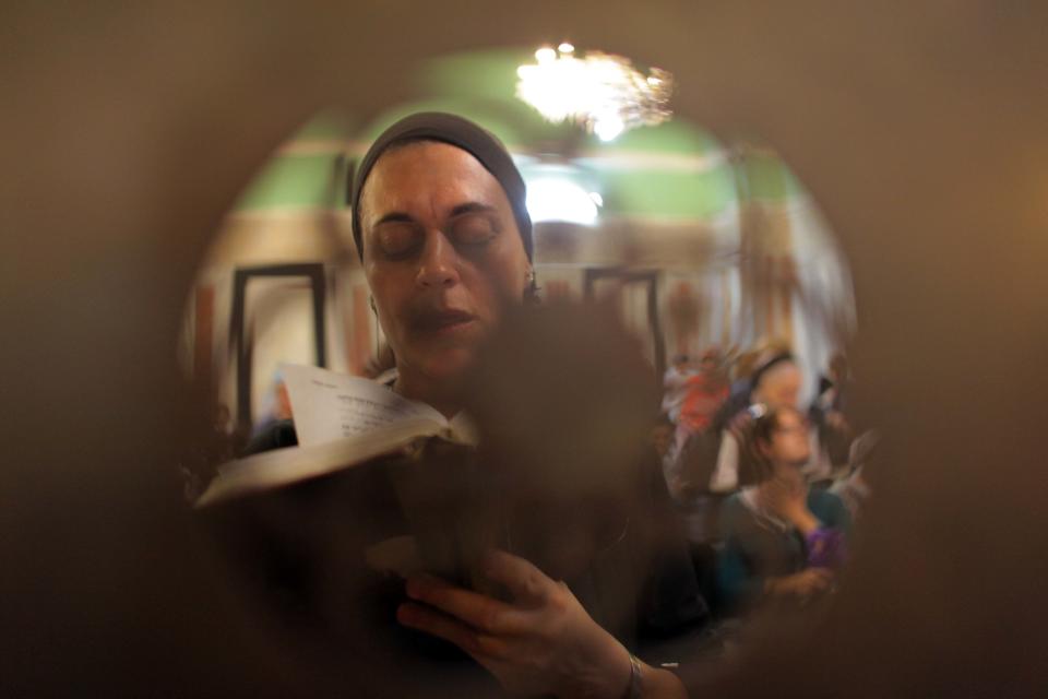 Jewish women pray inside the Tomb of the Patriarchs also known as the Ibrahim Mosque, a shrine holy to Muslims and Jews, in West Bank town of Hebron on Sept. 27, 2010. (Daniel Bar-On/AFP/Getty Images)