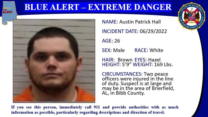 A manhunt ins underway for Austin Patrick Hall, a 26-year-old man suspected of shooting two Bibb County deputies on Wednesday, June 29, 2022.