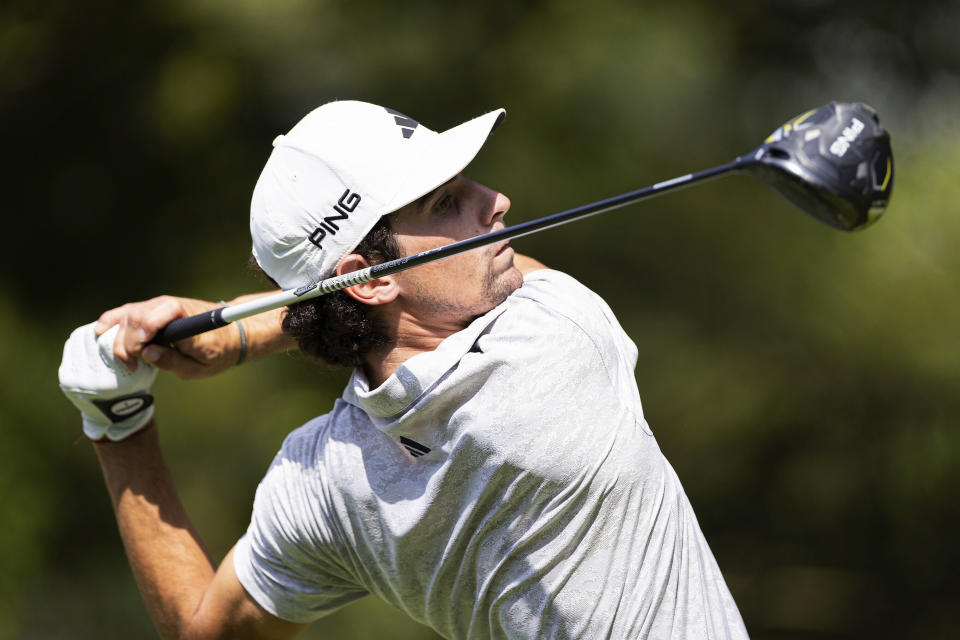 Joaquín Niemann watches his shot from the fifth tee during the first round of LIV Golf Singapore at Sentosa Golf Club on Friday, April 28, 2023, on Sentosa Island in Singapore. (Doug DeFelice/LIV Golf via AP)