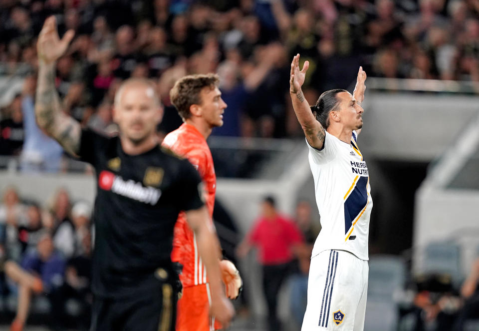 Aug 25, 2019; Los Angeles, CA, USA; LA Galaxy forward Zlatan Ibrahimovic (9) celebrates after scoring a goal against the LAFC in the first half at Banc of California Stadium. Mandatory Credit: Kirby Lee-USA TODAY Sports