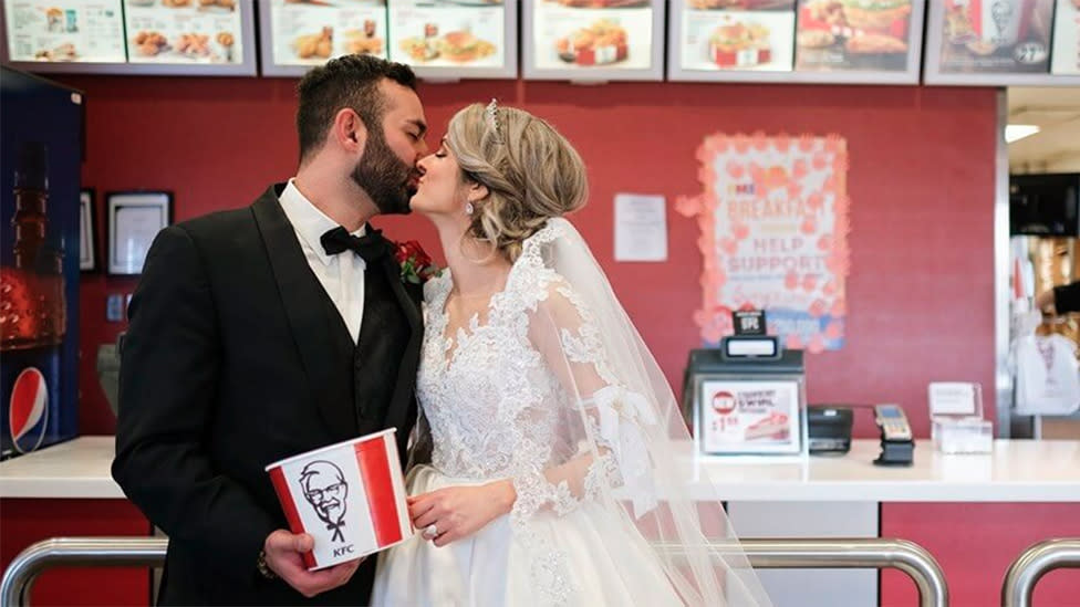 Six lucky couples will celebrate their nuptials with the world's most famous fried chicken to mark the occasion. Photo: KFC