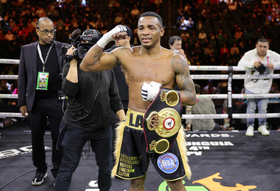 LAS VEGAS, NEVADA - MARCH 30: WBA middleweight champion Erislandy Lara poses with his belt after defeating Michael Zerafa in a title fight at T-Mobile Arena on March 30, 2024 in Las Vegas, Nevada. Lara retained his title with a second-round knockout. (Photo by Steve Marcus/Getty Images)