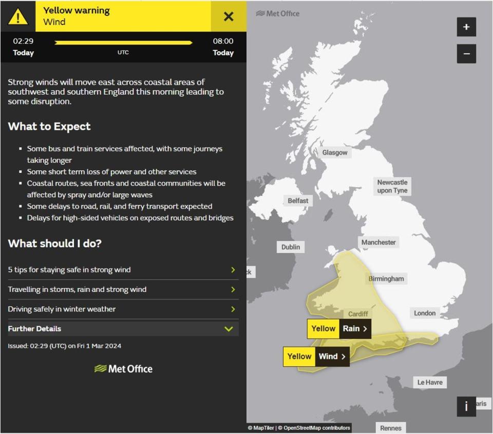 Met Office issues 15-hour yellow weather warning for heavy rains and a 6-hour warning wind (Met Office)