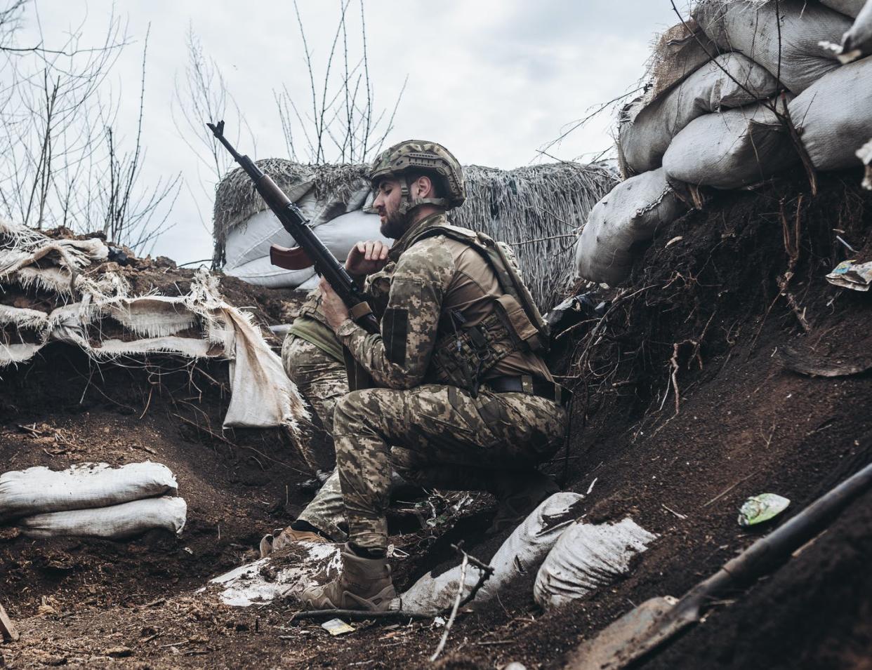 <span class="caption">A Ukrainian soldier is seen at a Ukrainian front line in Donbass, Ukraine, on April 11, 2022. </span> <span class="attribution"><a class="link " href="https://www.gettyimages.com/detail/news-photo/ukrainian-soldier-is-seen-at-a-ukrainian-frontline-in-news-photo/1239920838?adppopup=true" rel="nofollow noopener" target="_blank" data-ylk="slk:Diego Herrera Carcedo/Anadolu Agency via Getty Images;elm:context_link;itc:0;sec:content-canvas">Diego Herrera Carcedo/Anadolu Agency via Getty Images</a></span>