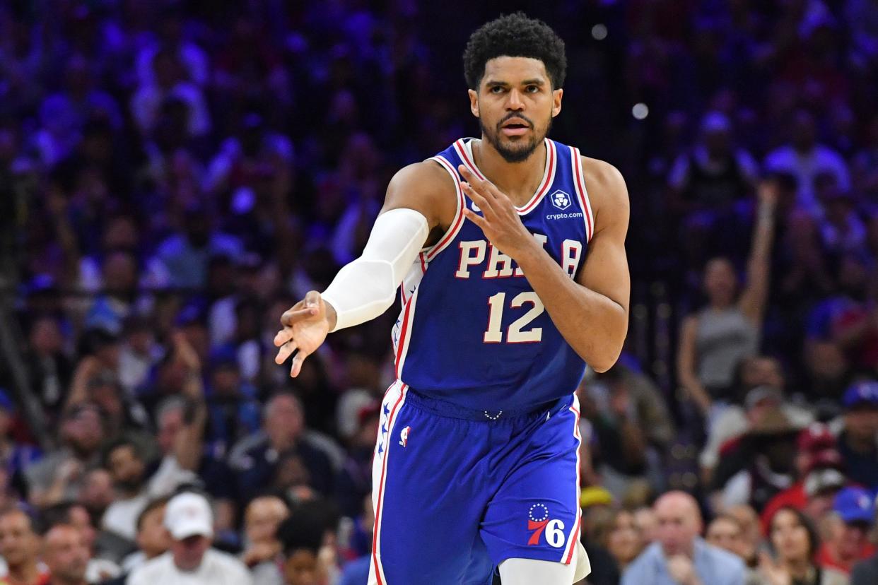 Philadelphia 76ers forward Tobias Harris reacts after making a 3-point basket against the Boston Celtics during Game 4 of the NBA playoffs at Wells Fargo Center, May 7, 2023.