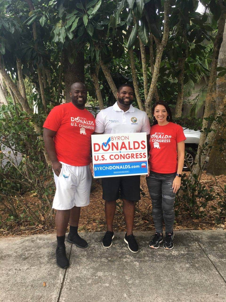 Larry Wilcoxson, left, campaigns with his friend Byron Donalds, now a U.S. Representative from Naples, Florida. Wilcoxson's political dreams were on hold for more than seven years after he was wrongfully convicted of stealing a car from Hertz. His conviction was overturned in January and he works as a senior advisor for Donalds.
